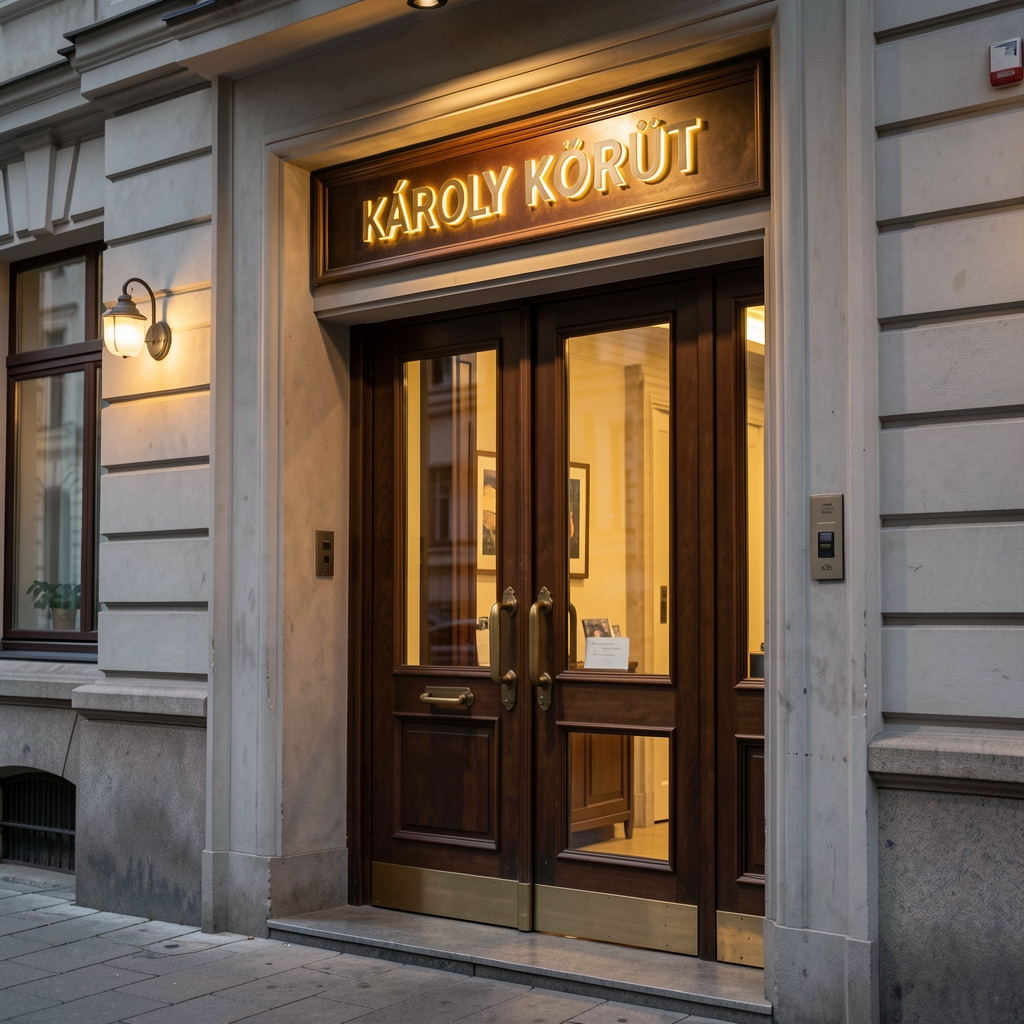 Budapest Social Club bejárat este: megvilágított aranybetűs felirat, antik réz ajtókilincs, elegáns bejárati ajtó, Károly körút Budapest belvárosa