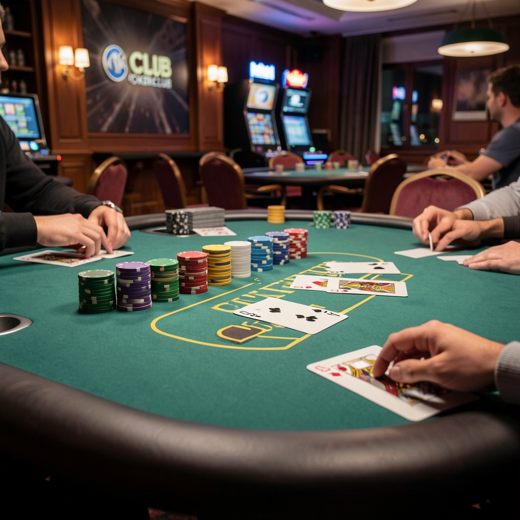 Cash game pókerfogadóasztal közeli felvétel: zseton-tornyok sorban rendezve, osztott kártyák, Budapest Social Club pókerklubb enteriőr este