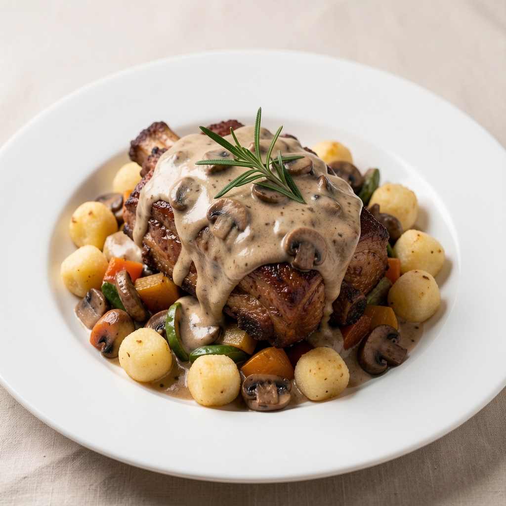 Főfogás: szaftos mangalica karaj barna vajas zöldséglegyezővel, kézzel gyúrt gnocchi-val, szarvasgomba-krémmel és friss rozmaring díszítéssel fehér mélytányéron