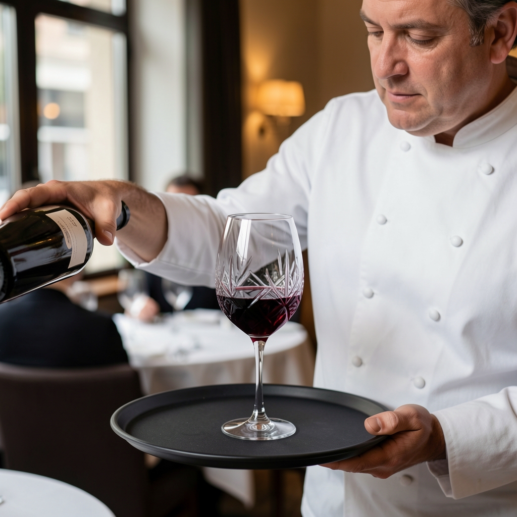 Sommelier bort tölt egy kristálypohárba: sötét vörösbor csík, fekete tálca, éttermi háttér enyhe fénnyel