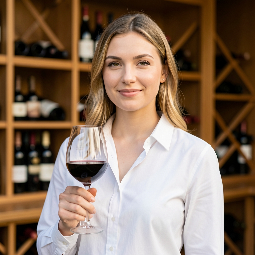 Boros Klára sommelier portré: fehér blúzban, teli boros pohárral, a Budapest Social Club borpincéjében áll, fából készült bortartók a háttérben