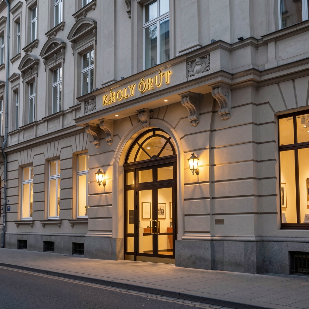 Budapest Social Club épület külső képe este: megvilágított bejárat, klasszikus budapesti belvárosi homlokzat, Károly körút, neonmentes, elegáns arany betűs felirat az épületen